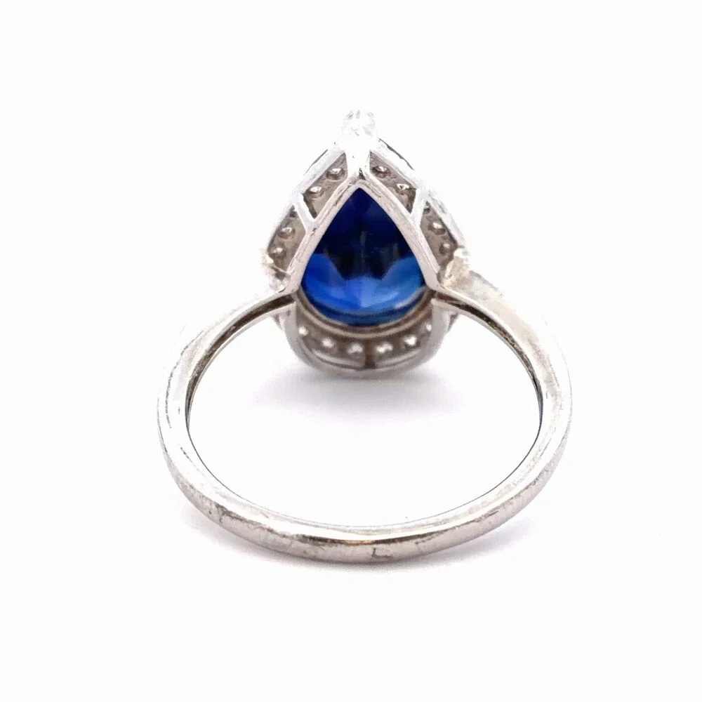 Designer PMJ 925 Sterling Silver Pear Blue Cubic Zirconia White CZ Halo Ring